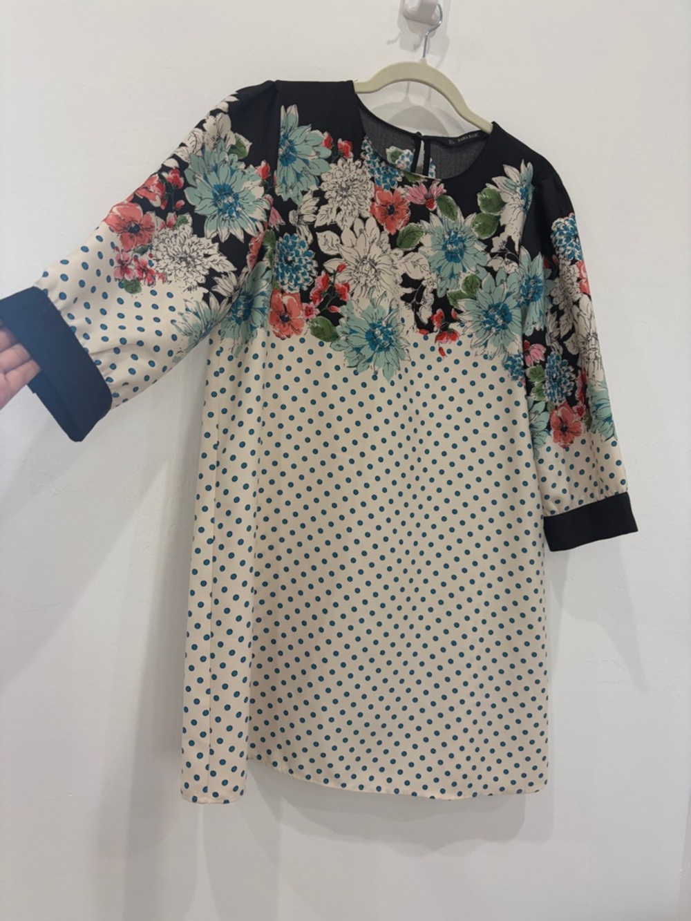 Zara Cream Polka Dot Dress with Black Floral Yoke